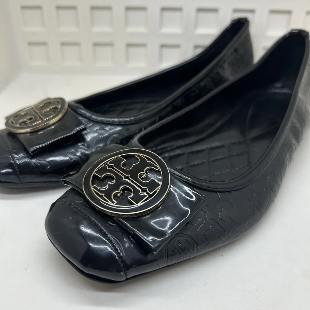 Tory Burch Shoes Womens Size 6 Black Patent‎ Embossed Logo Flats EU 36 M6229-31